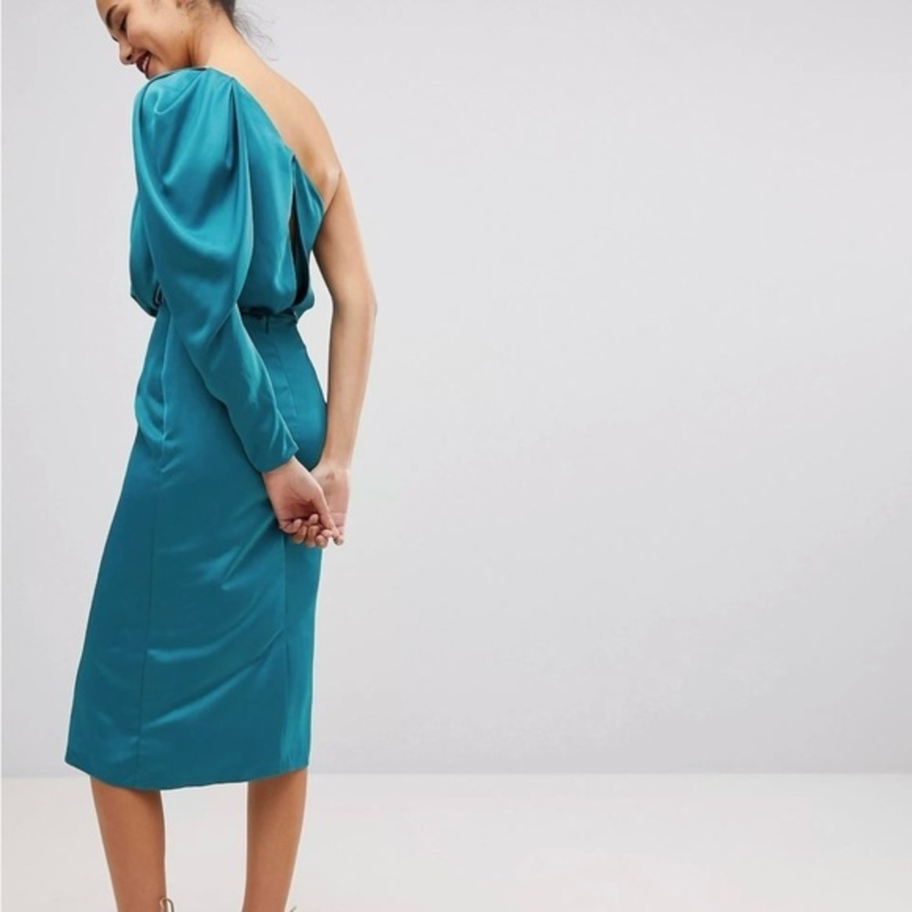 ASOS Teal Blue Green Satin Extreme One Shoulder Puff Sleeve Midi Dress